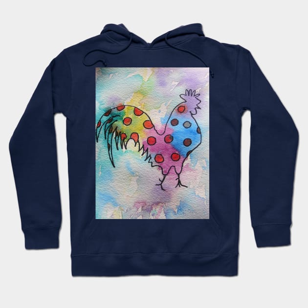 Polka Dot Rooster Watercolor Painting Rainbow Hoodie by SarahRajkotwala